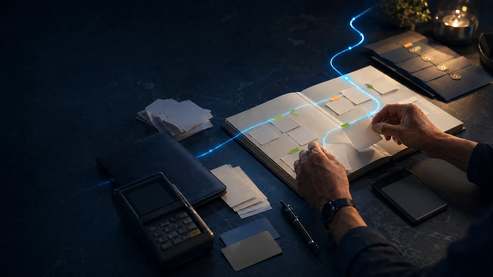 Agenda financeira visual organizada sobre uma mesa